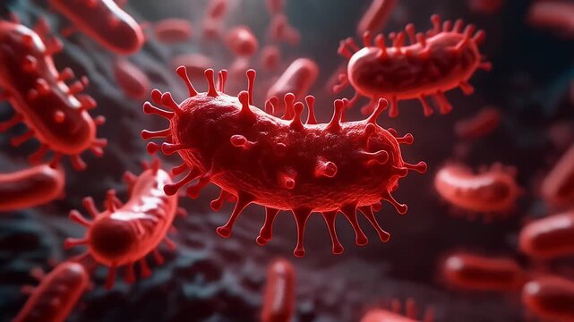 Microscopic view of red viruses with spiky protrusions.
