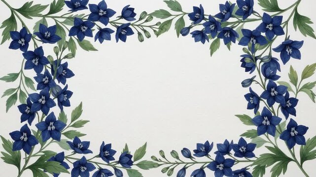 Elegant watercolor floral frame with blue delphinium flowers and green leaves on a white background, perfect for invitations and greetings.