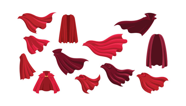 Red cape vector set featuring fluttering superhero cloaks vampire drapery mantle elements isolated on white