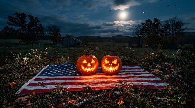 Two carved pumpkin lanterns on an American flag blanket in a nighttime outdoor setting with moonlight and trees