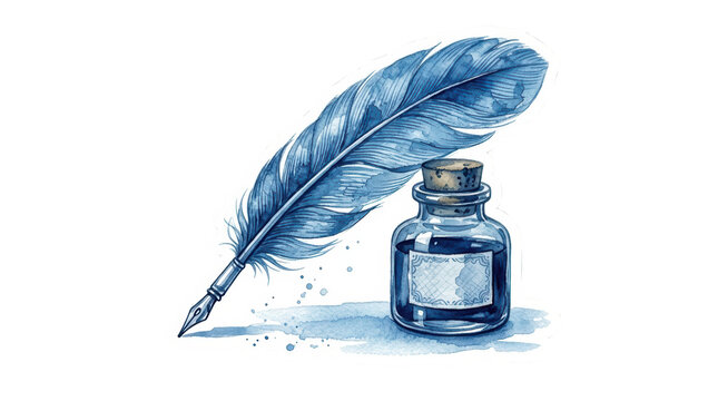 Watercolor illustration of a blue feather quill pen and ink bottle isolated on transparent background