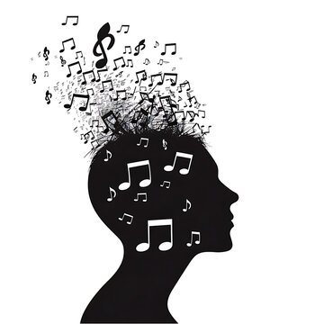A silhouette of a human head in profile, from the crown of which musical notes rise, notes of varying sizes, like thoughts or inspiration, as if hovering and swirling outward.
