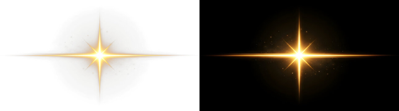 Golden starburst lens flare light effect. Glowing sparkle with horizontal rays and magic dust