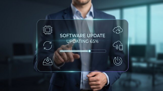 Business professional using futuristic glass display with software update progress bar and microprocessor icons for advanced computing and digital technology management concepts