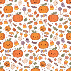 Fototapeta premium Cute Halloween Candy and Pumpkin Seamless Pattern