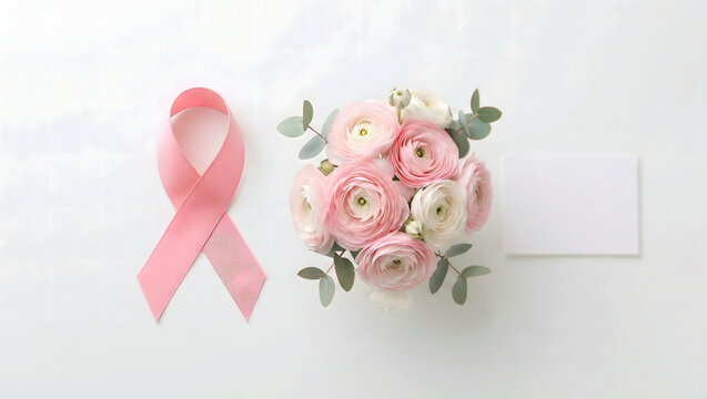 Pink ribbon symbol for breast cancer awareness next to a beautiful bouquet of fresh pink flowers on white