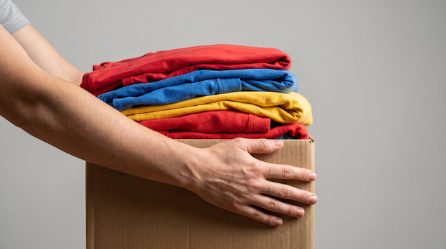 Volunteer hands hold open donation box with colorful clothes in minimalist indoor space