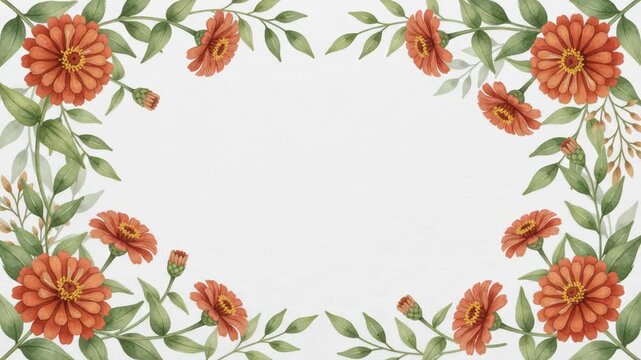 Watercolor floral frame with orange flowers and green leaves on a white background, perfect for invitations or greeting cards.