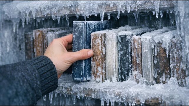 A person holds a book in front of an icy bookshelf, a winter wonderland scene