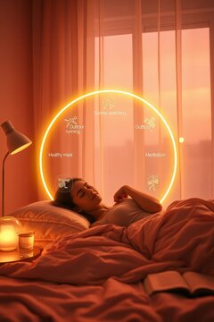 Young Woman Sleeping in Bed with Glowing Golden Circadian Rhythm Graphic