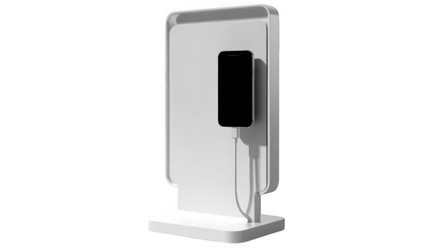 Modern smartphone displayed on a minimalist white stand with a reflective surface and metallic base.