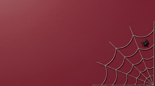 Minimalist helloween background featuring a decorative spider web corner border on a deep red textured surface for seasonal designs