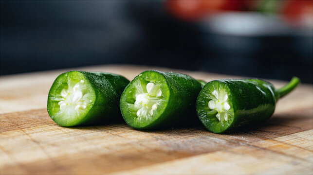 Green chili pepper slices on wooden cutting board with fresh texture and seeds