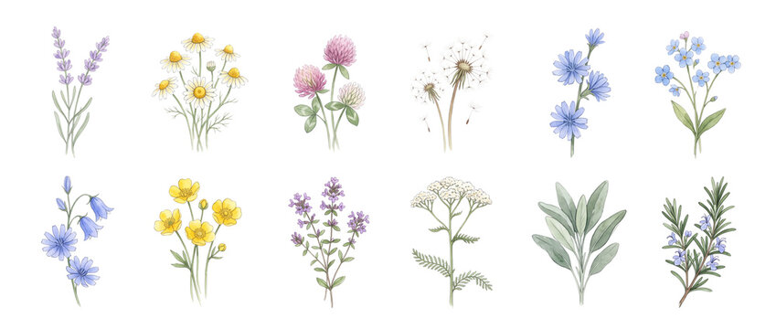 Wildflower botanical illustrations watercolor set featuring lavender chamomile dandelion clover thyme rosemary sage floral collection isolated on black background for design elements vector art
