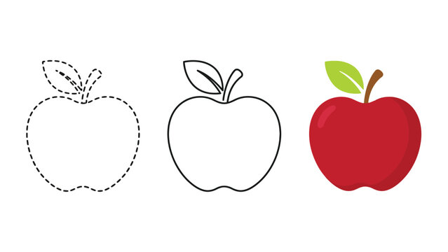 Three apple vector illustrations showing tracing lines, clean black outlines and vibrant red colored designs