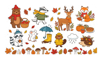 Obraz premium Cute autumn woodland animals vector set with cozy forest characters bear fox deer raccoon and colorful fall leaf illustrations