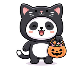Fototapeta premium Cute Panda Wearing a Black Cat Costume Holding a Jack-o'-lantern Candy Bucket for Halloween Digital Illustration