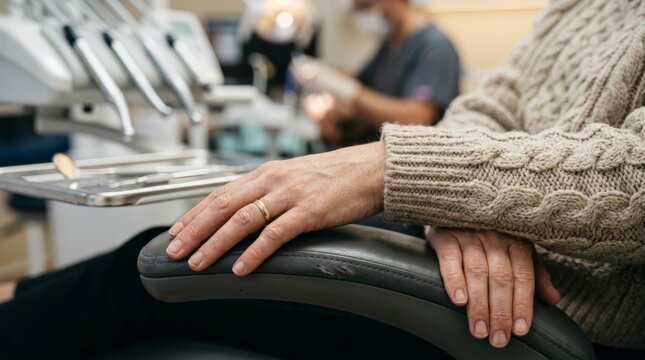A close up view of a patient hand resting on a dental chair armrest in a clinic while a dentist works in the background, focusing on the ring and sweater texture
