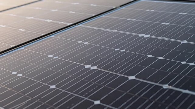 Solar Panels Array Close-up with Sunlight Reflecting on the Surface. Renewable Energy Technology for Sustainable Power Generation.