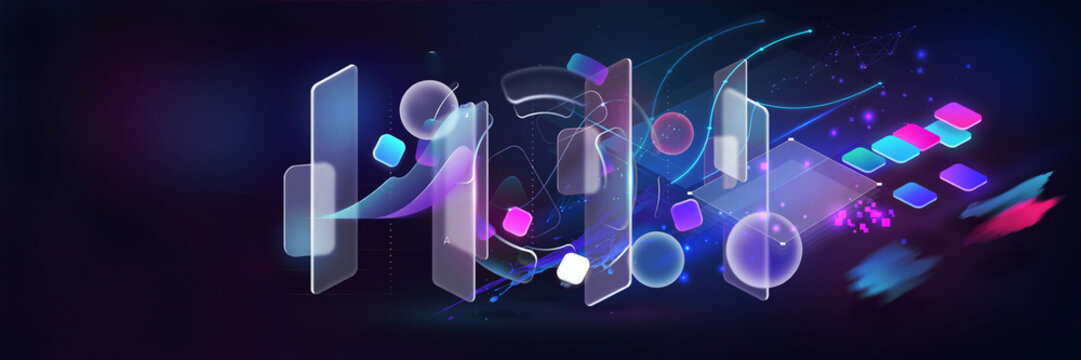Abstract Futuristic Digital Technology Background Featuring Translucent Glassmorphism UI Screens, Floating Neon 3D Spheres, Isometric Interface Tiles, and Dynamic Light Trails for Web Banners