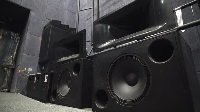 Powerful loud speakers prepared for installation in cinema hall. Innovative acoustic system provides ideal audio during movie watching