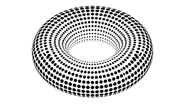 Abstract 3d torus shape created from black halftone dots on white background