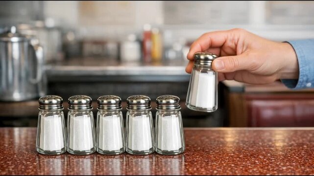 A person arranging salt in a row on a countertop