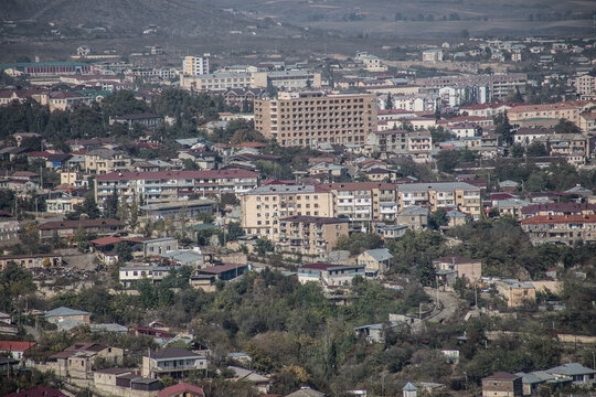 Khankendi, Azerbaijan - 28.10.2024: Scenic View of Khankendi City, Azerbaijan: A Glimpse of the City Nestled Amidst the Mountains