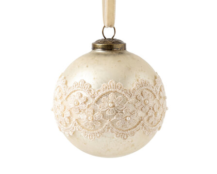 Elegant Vintage Style Cream Colored Christmas Ornament Featuring Detailed Lace And Floral Patterns Isolated On A Clean White Background For Holiday Decor
