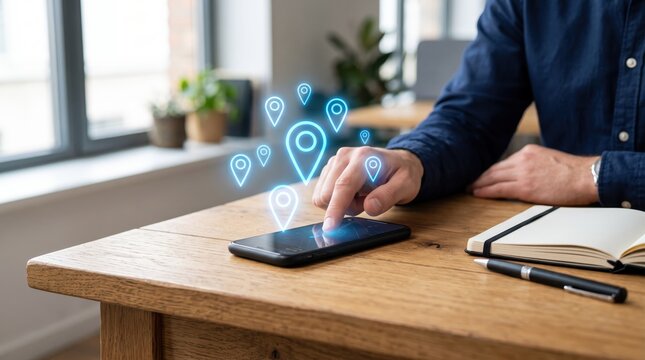 Man using smartphone with glowing holographic location map pins floating above screen, digital navigation and gps tracking technology concept on wooden office desk