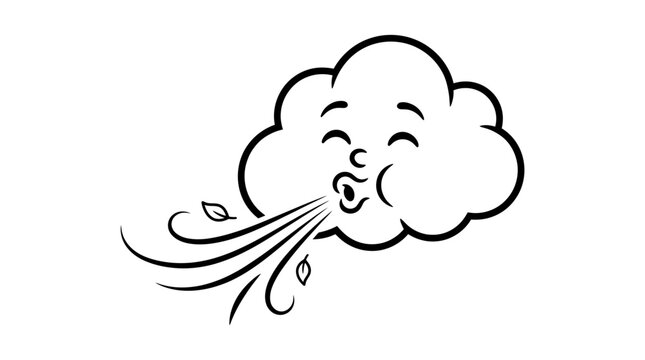 Cheerful cartoon cloud character blowing strong wind gusts with small floating leaves in black white style