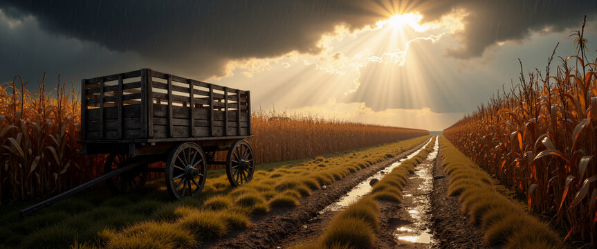 Dramatic rain shower over corn maze with abandoned hay wagon and sunbeam for weather blogs and dramatic landscapes
