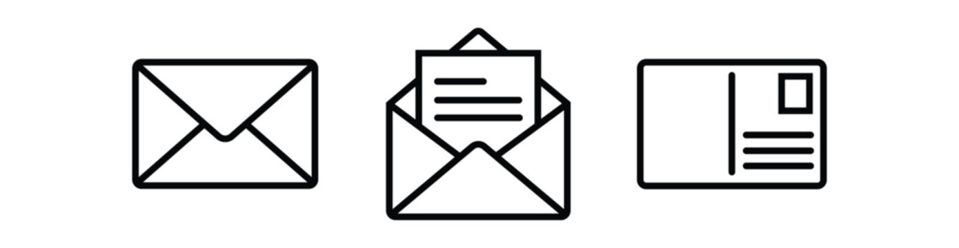 Email envelope and postcard outline icon set for mail communication and correspondence