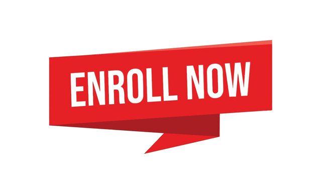 Enroll now red ribbon vector illustration featuring bold white typography for educational marketing banner design layout