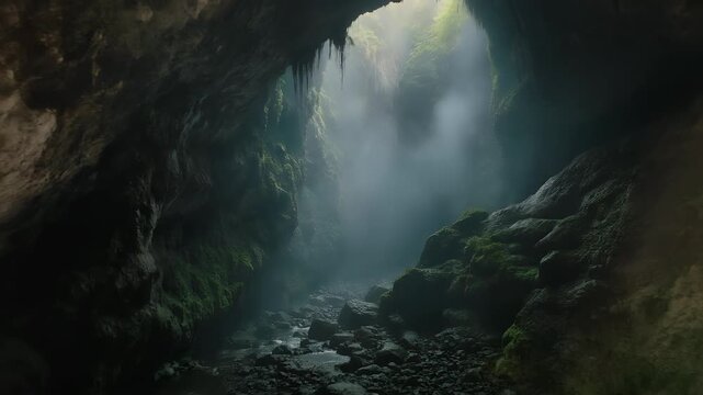 A mystical, fog-filled cavern with moss-covered rocks and dimly lit passages.