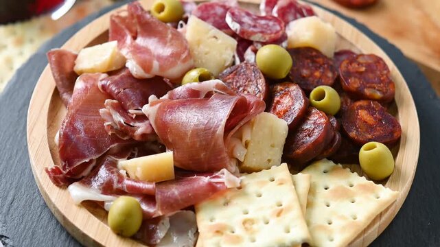 Rotating charcuterie board with Serrano ham, cheese and olives on wooden table