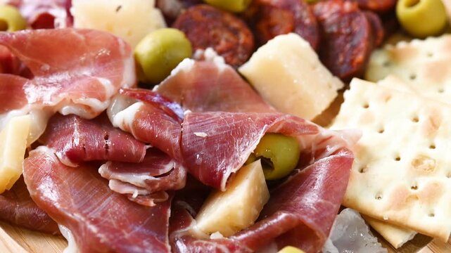 Charcuterie board with Serrano ham, cheese and olives on wooden table