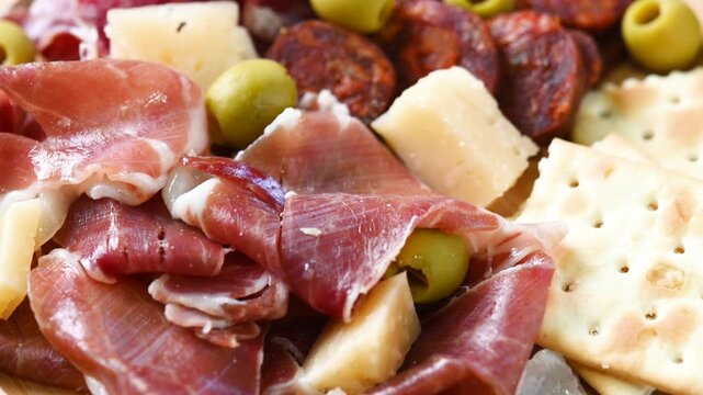 Charcuterie board with Serrano ham, cheese and olives on wooden table