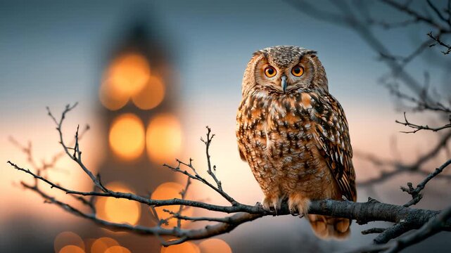 Owl Perched on Branch Outside Glowing Tower Window