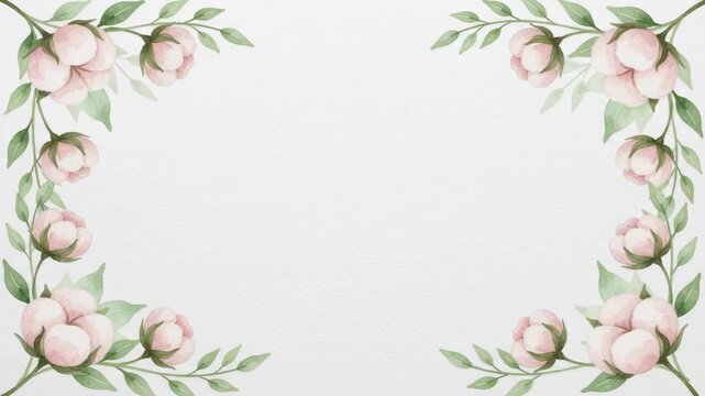 Elegant floral frame with delicate pink flowers and green leaves on a white background, perfect for invitations or greeting cards.