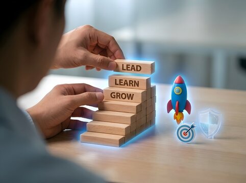 Leadership Development and Business Growth Concept with Lead, Learn and Grow Blocks and Rocket Symbol