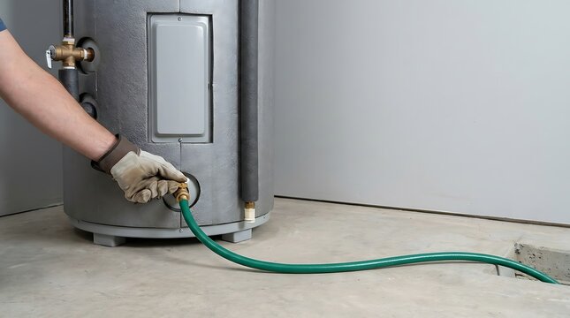 Professional plumber flushing and cleaning sediment from a residential hot water heater tank using a garden hose for annual preventive maintenance in a utility room.