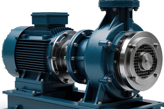 Blue industrial water pump with electric motor isolated on white. Heavy duty fluid machinery for liquid transfer systems. Engineering equipment for industry agriculture aquatics.