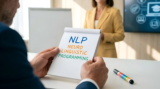 Business Professional Holding a Document Labeled NLP Neuro Linguistic Programming in a Modern Office Setting &mdash; Personal development, communication skills, business psychology, professional training, b