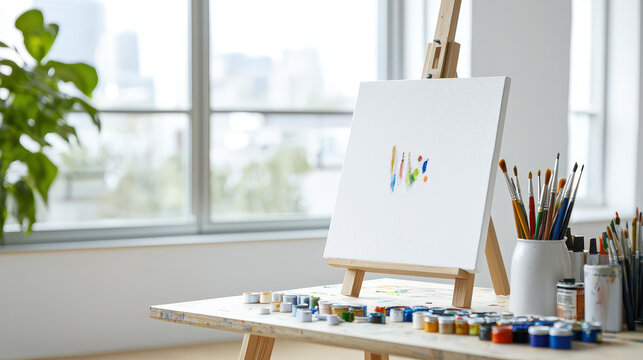 Bright and inviting art studio features empty canvas easel, surrounded by various paintbrushes and colorful paint tubes. natural light enhances