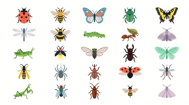 Insects vector set featuring ladybug, butterfly, bee, dragonfly, grasshopper, ant, beetle, and praying mantis isolated on white background