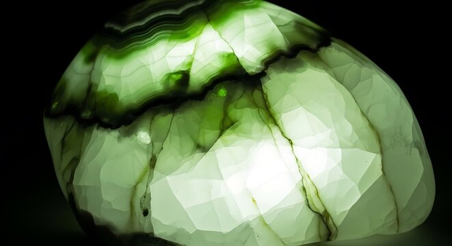 Glowing green agate gemstone with translucent crystal structure and dark background glowing stone translucent mineral polished gem geological specimen luxury stone rare mineral jewelry stone