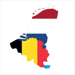 Flag map outline shape of Benelux - Netherlands, Belgium, and Luxembourg. Flags of countries fill the shapes with their colors. Symbol of regional cooperation, identity and partnership © pyty