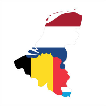 Flag map outline shape of Benelux - Netherlands, Belgium, and Luxembourg. Flags of countries fill the shapes with their colors. Symbol of regional cooperation, identity and partnership