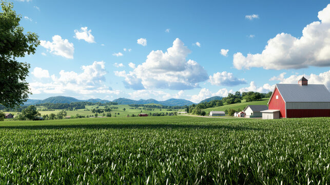 Picturesque farm landscape featuring lush green fields, red barn, and rolling hills under bright blue sky with fluffy clouds